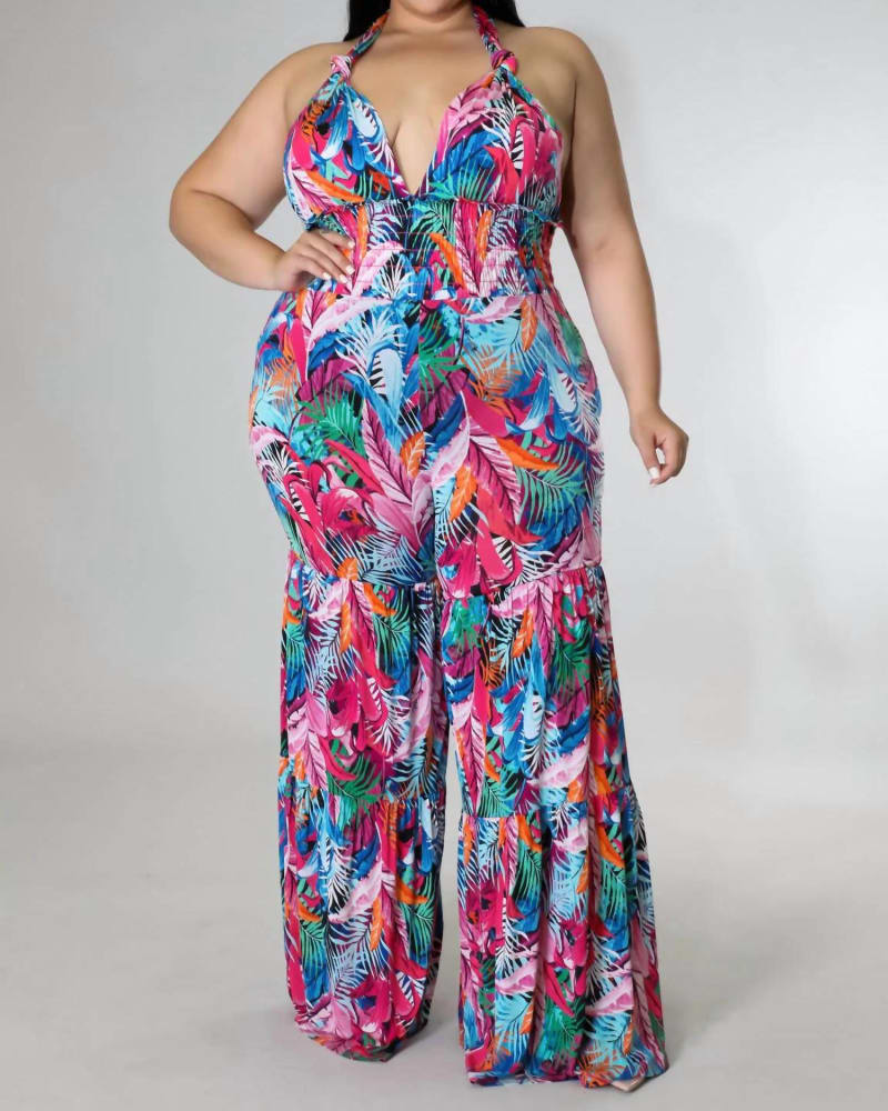 Front of a model wearing a size 3XL Just For Me Jumpsuit in Multi in Multi by Good Time USA. | dia_product_style_image_id:326028